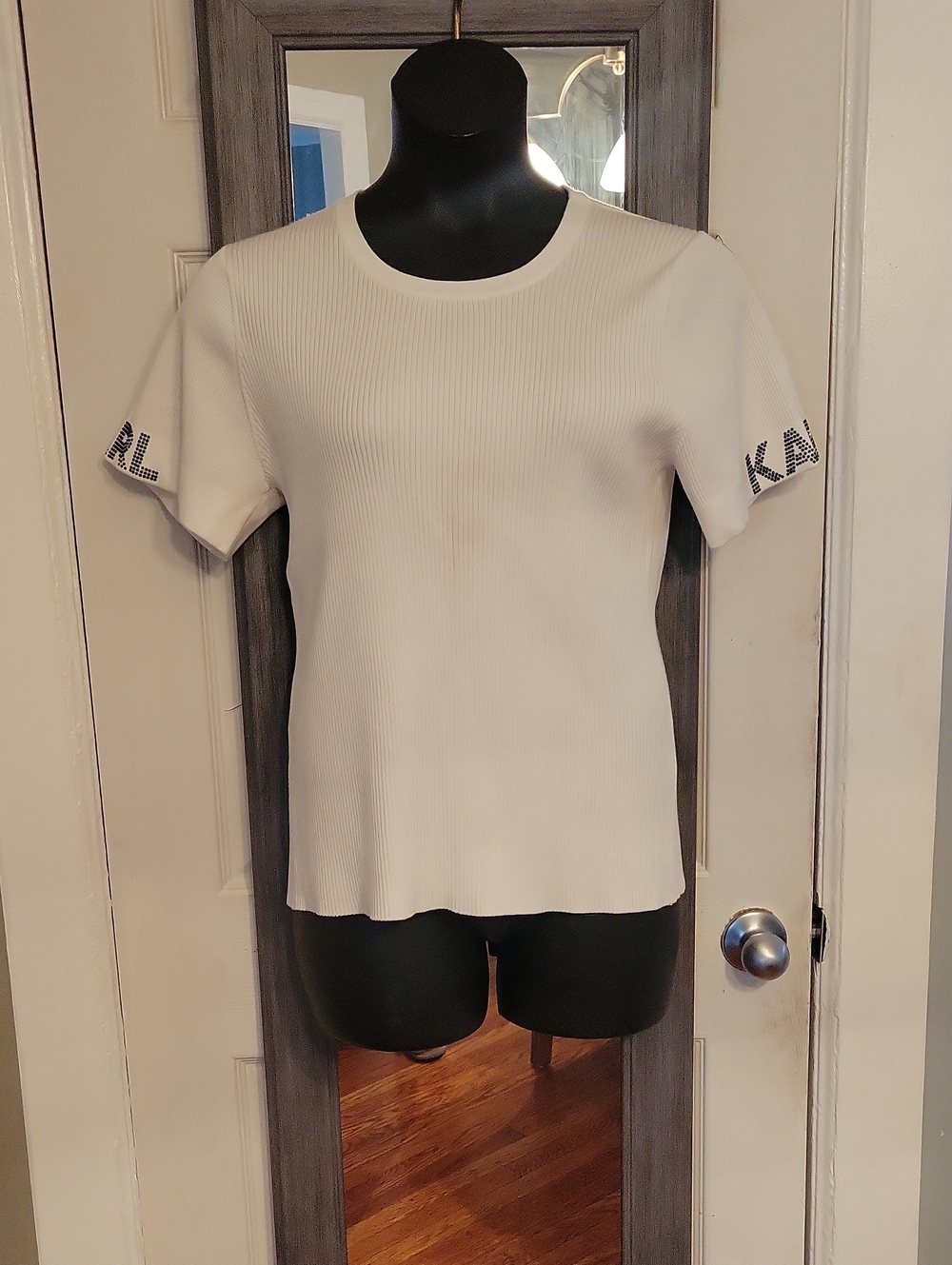 Karl Lagerfeld Cream Ribbed Short Sleeve Tee with Logo Sleeve Detail